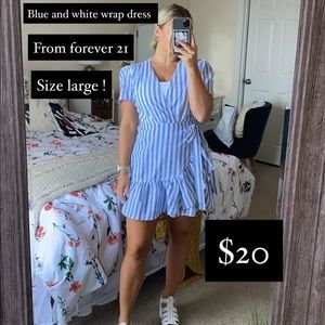Blue & white pinstripe wrap dress